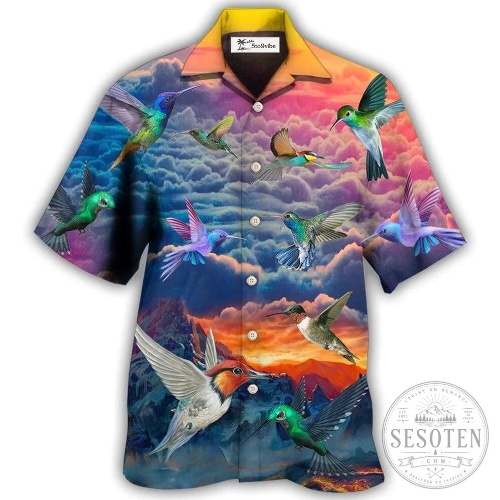 Hummingbird Paradise Sunset Cloudscape Hawaiian Shirt for Men