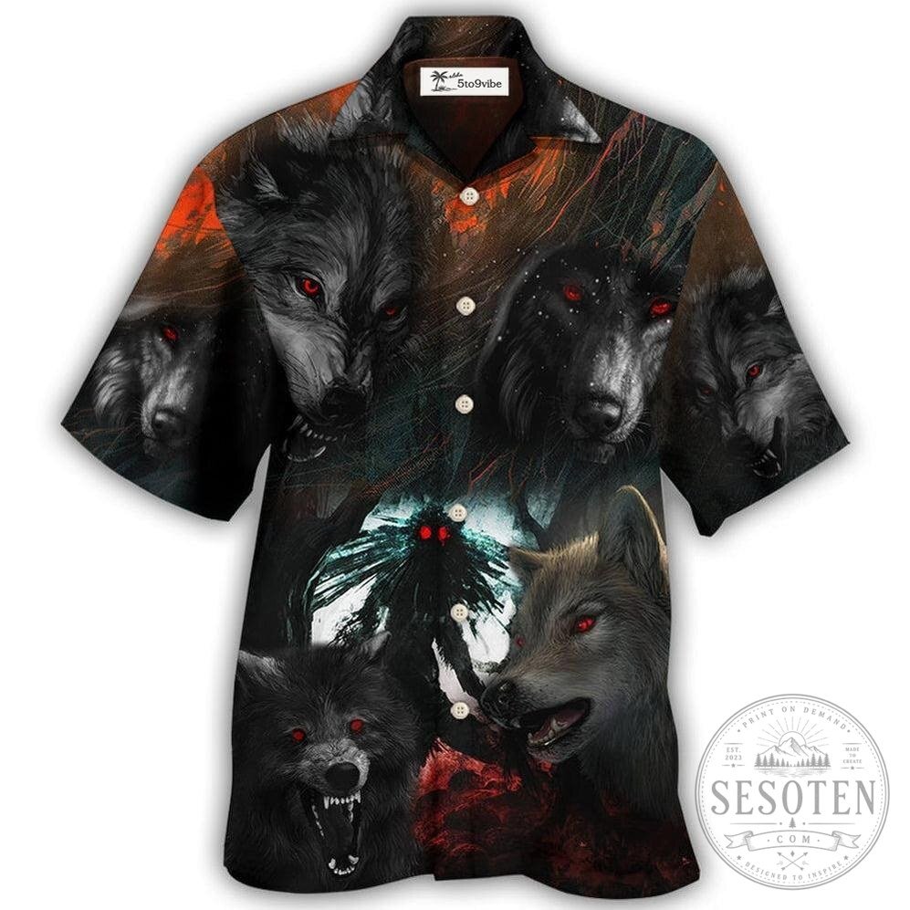 Halloween Black Wolf In The Dark Red Eyes Hawaiian Shirt