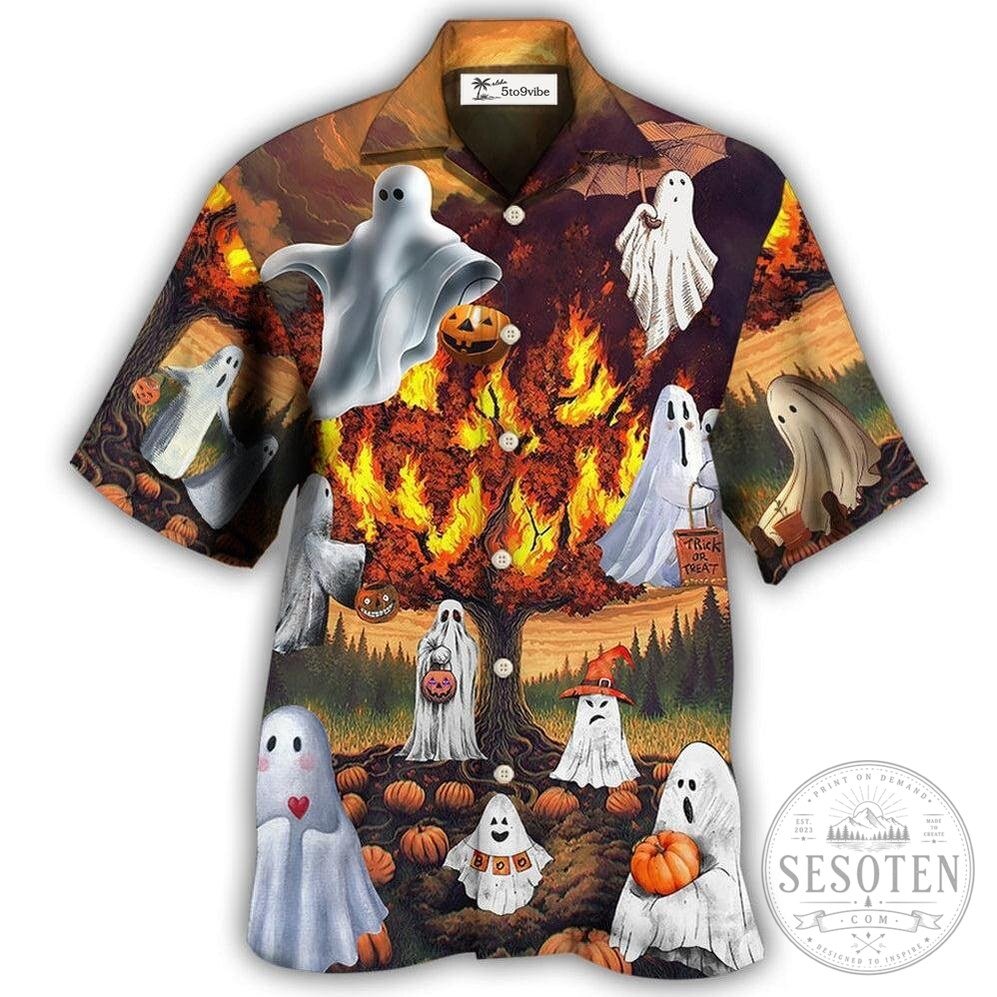 Halloween Ghost Pumpkin Burning Tree Spooky Hawaiian Shirt