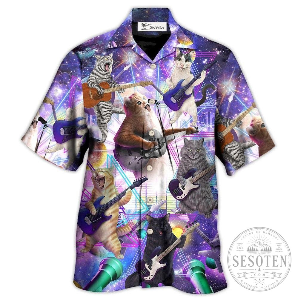 Rock and Roll Cat Band Galaxy Print Hawaiian Shirt