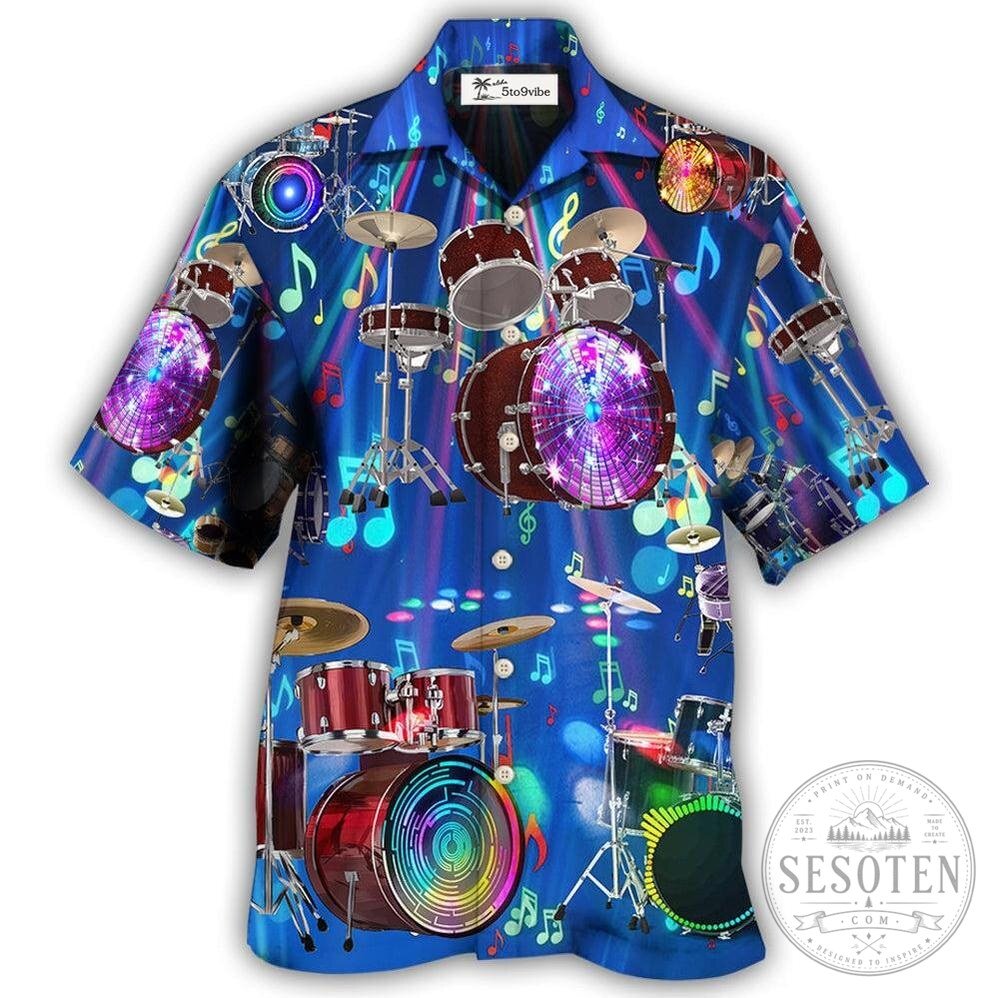 Neon Drum Set Music Notes Hawaiian Shirt
