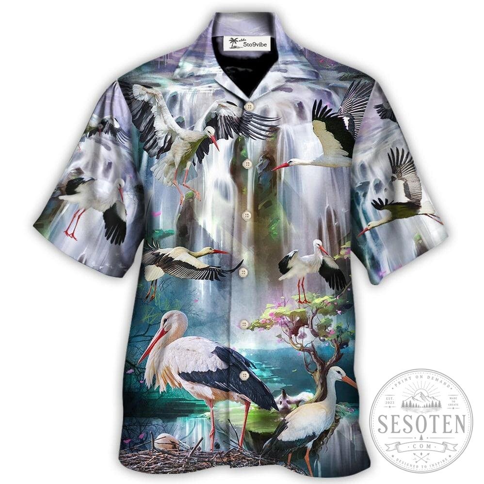 White Stork Bird In Dreamy Waterfall Tropical Hawaiian Shirt