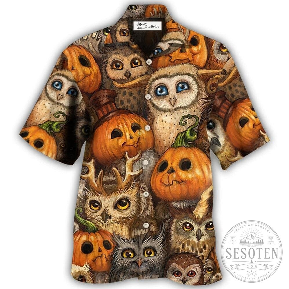 Halloween Owl and Pumpkin Pattern Hawaiian Shirt