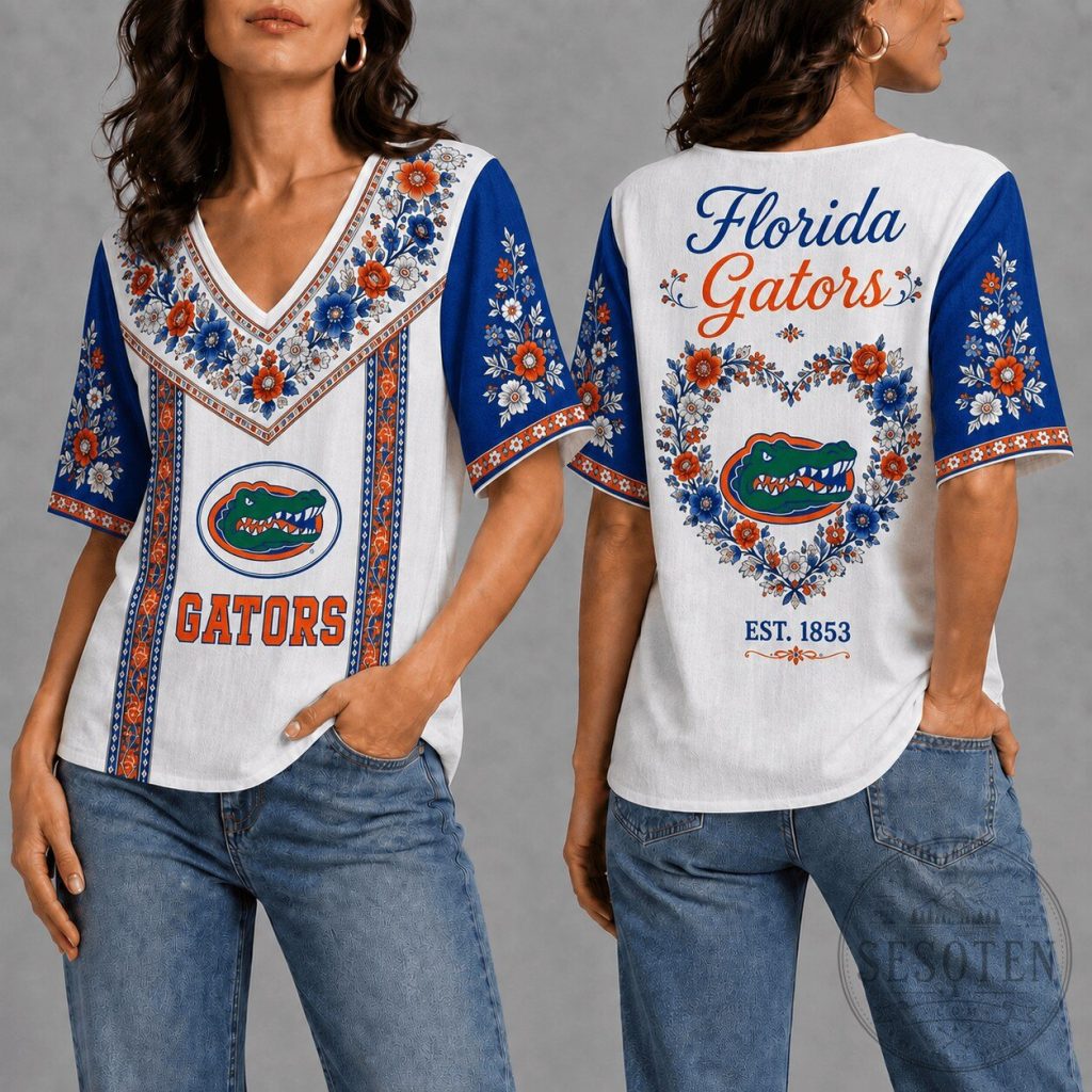Florida Gators Women's Floral V-Neck Vintage T-Shirt 27 Florida Gators Women's Floral V-Neck Vintage T-Shirt