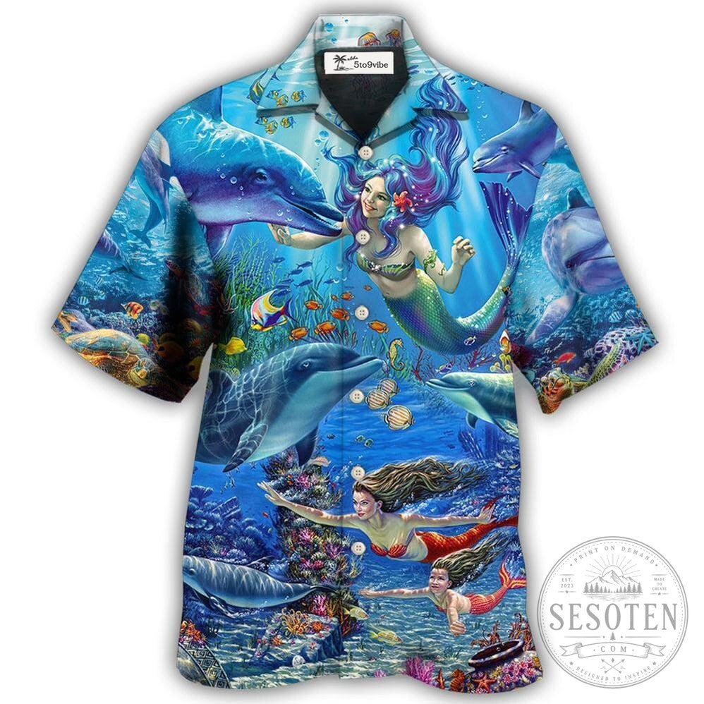 Ocean Mermaid And Dolphin Blue Sea Style Hawaiian Shirt