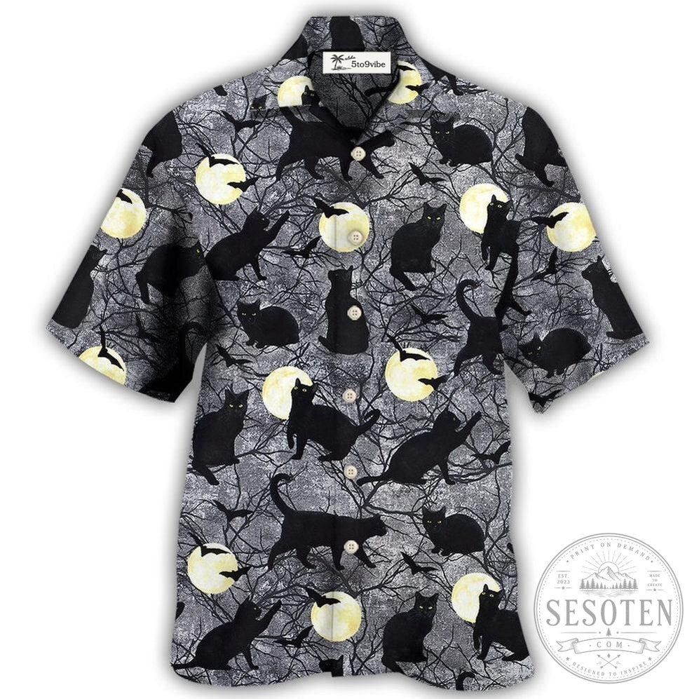 Halloween Black Cat Full Moon Tree Branches Pattern Hawaiian Shirt
