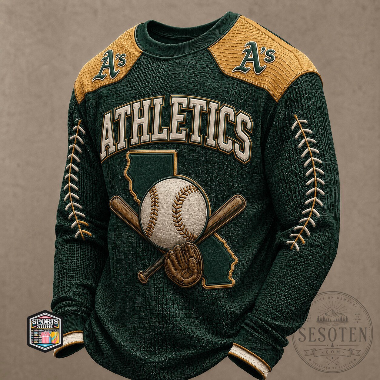 Oakland Athletics Baseball Team Logo Green and Gold Knitted Sweatshirt