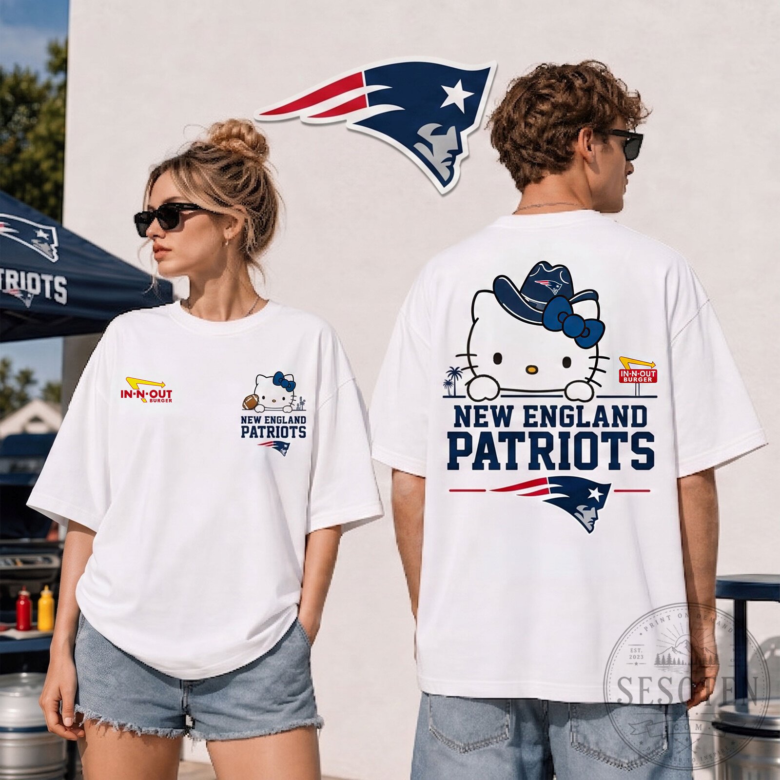 New England Patriots Hello Kitty In-N-Out Burger Football Fan T-Shirt