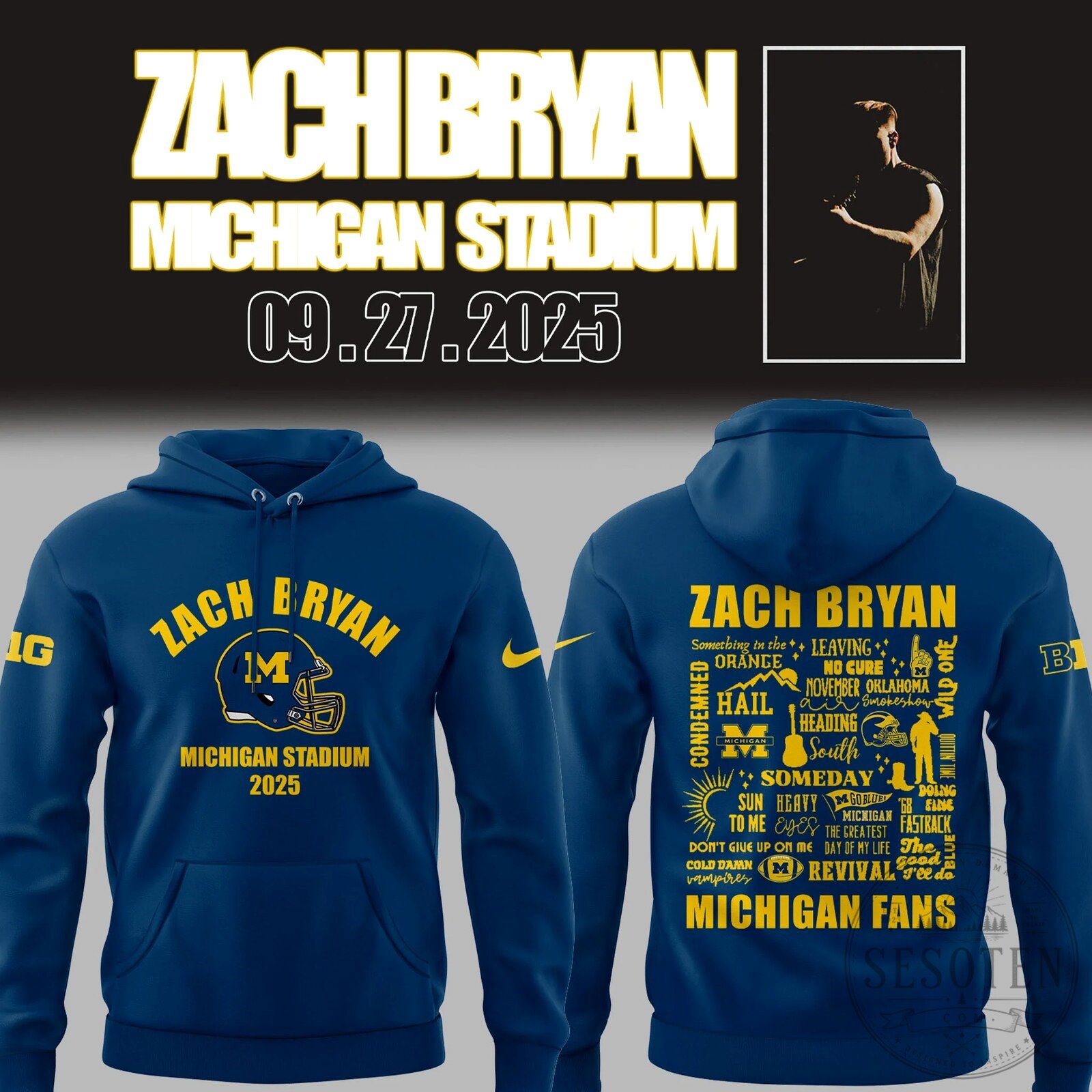 Zach Bryan Michigan Stadium 2025 Concert Tour Blue Hoodie