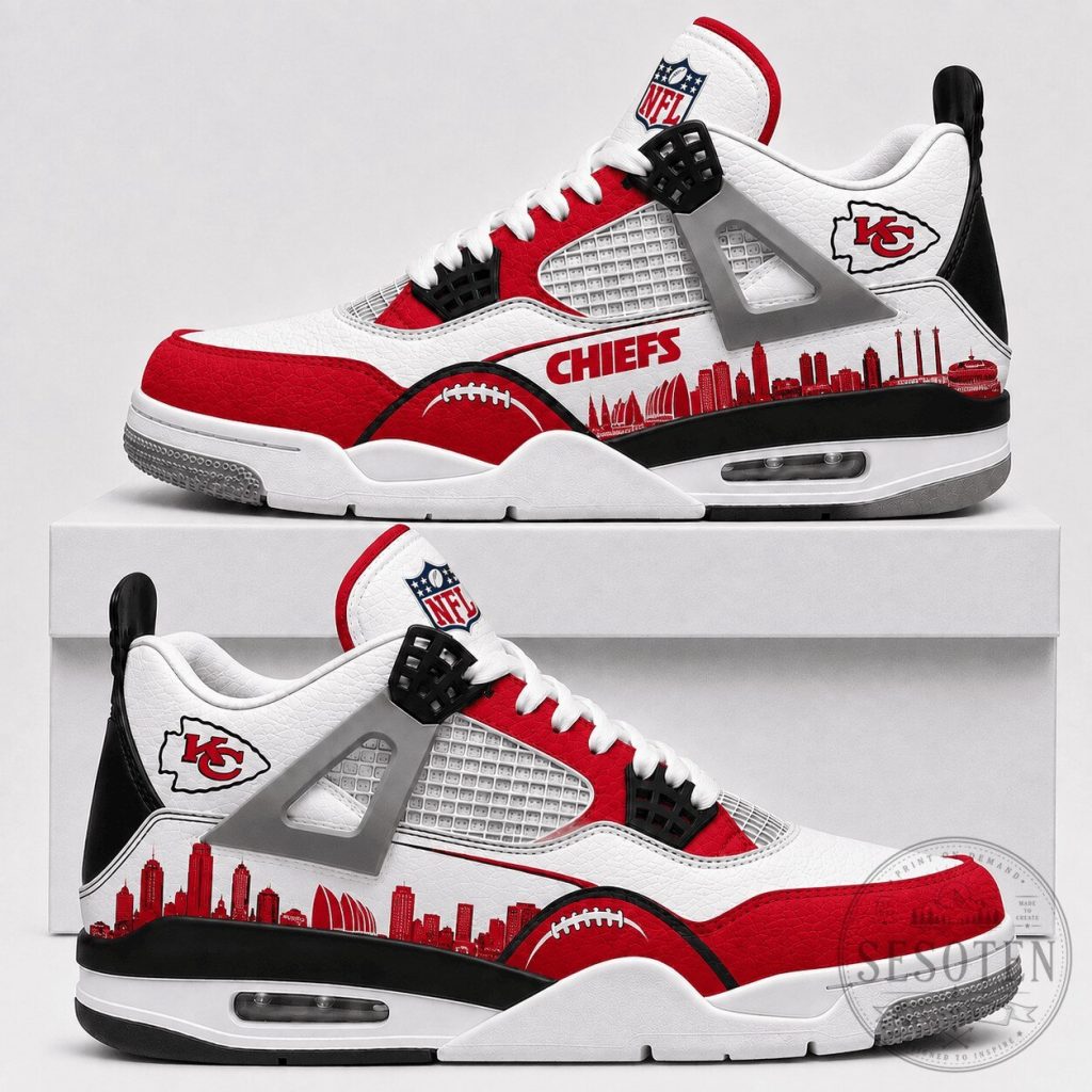 Kansas City Chiefs NFL Football Team Skyline Red and White Sneakers Kansas City Chiefs NFL Football Team Skyline Red and White Sneakers