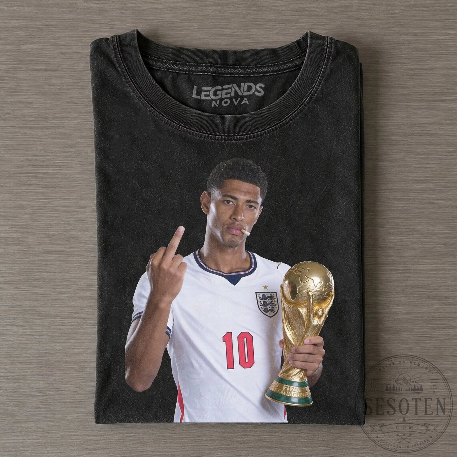 Black T-Shirt Featuring Jude Bellingham as England Football World Cup Champion