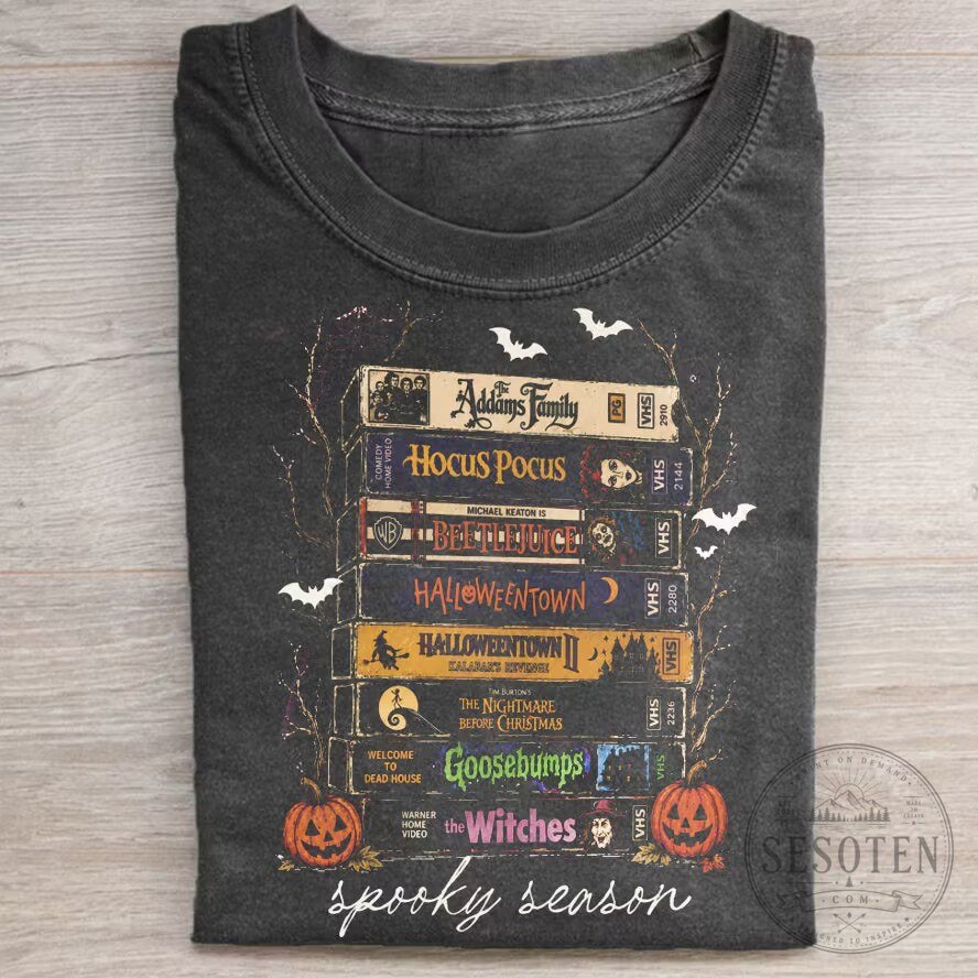 Vintage Halloween Movies VHS Stack Spooky Season T-Shirt
