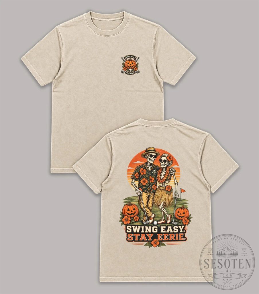 Halloween Skeleton Couple Golfing Swing Easy Stay Eerie T-Shirt 30 Halloween Skeleton Couple Golfing Swing Easy Stay Eerie T-Shirt