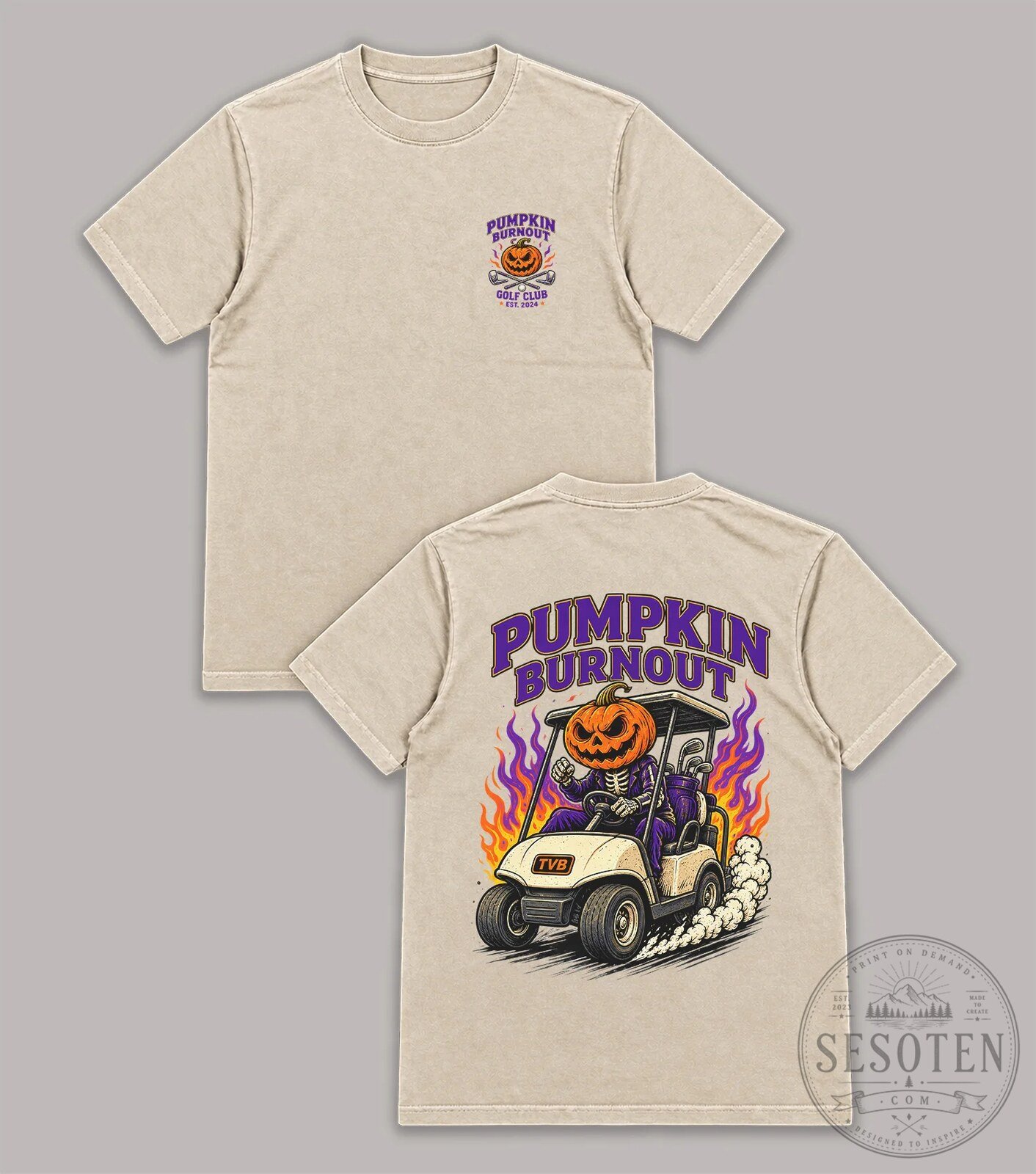 Pumpkin Burnout Golf Club Halloween Jack-O-Lantern Golf Cart T-Shirt