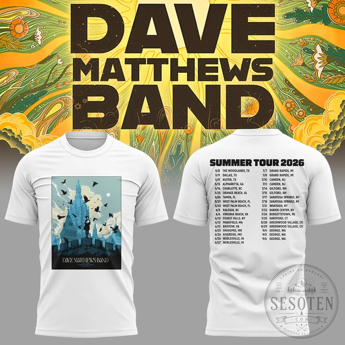 Dave Matthews Band Summer Tour 2026 Concert Dates White T-Shirt