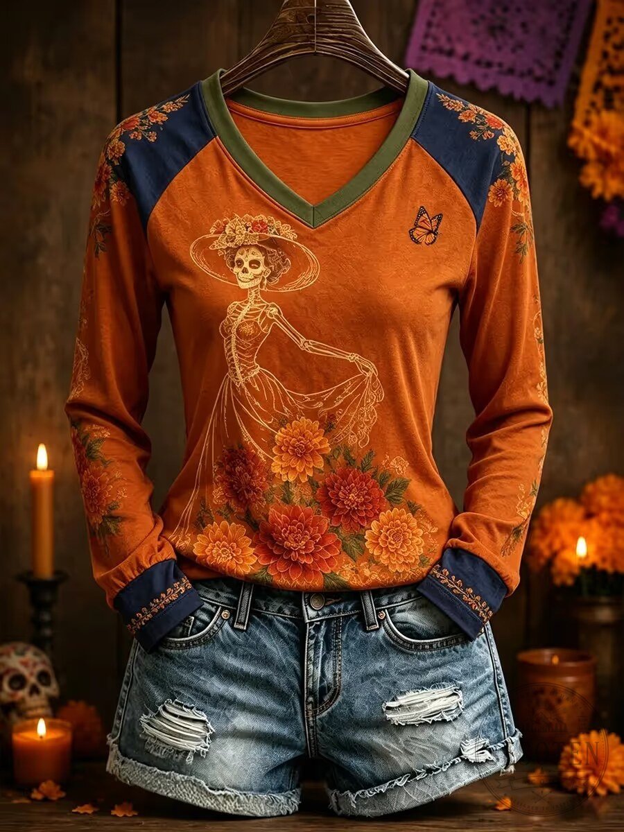 Day of the Dead Skeleton Woman Floral V-Neck Long Sleeve Shirt