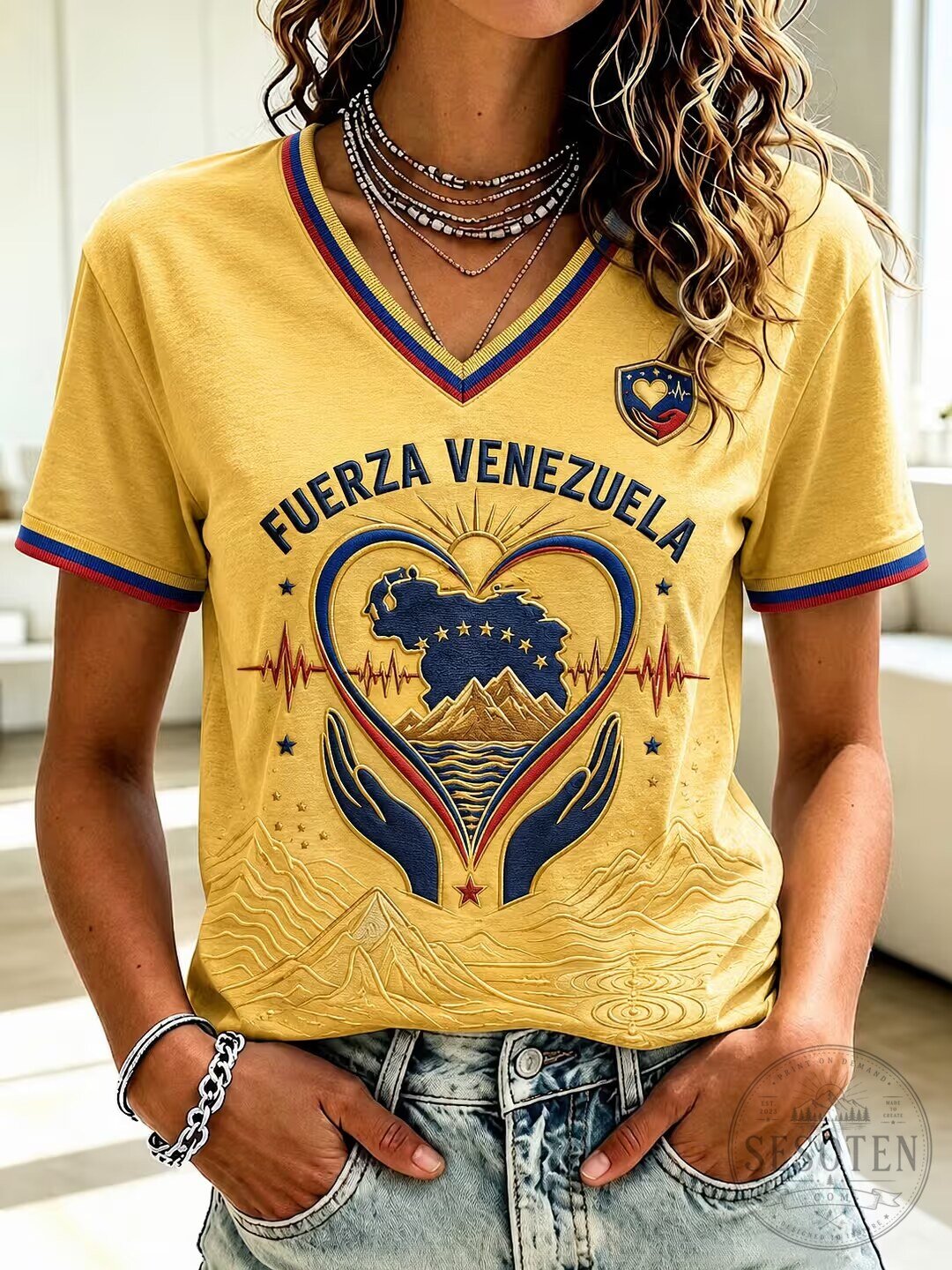 Fuerza Venezuela Patriotic Heartbeat V-Neck T-Shirt