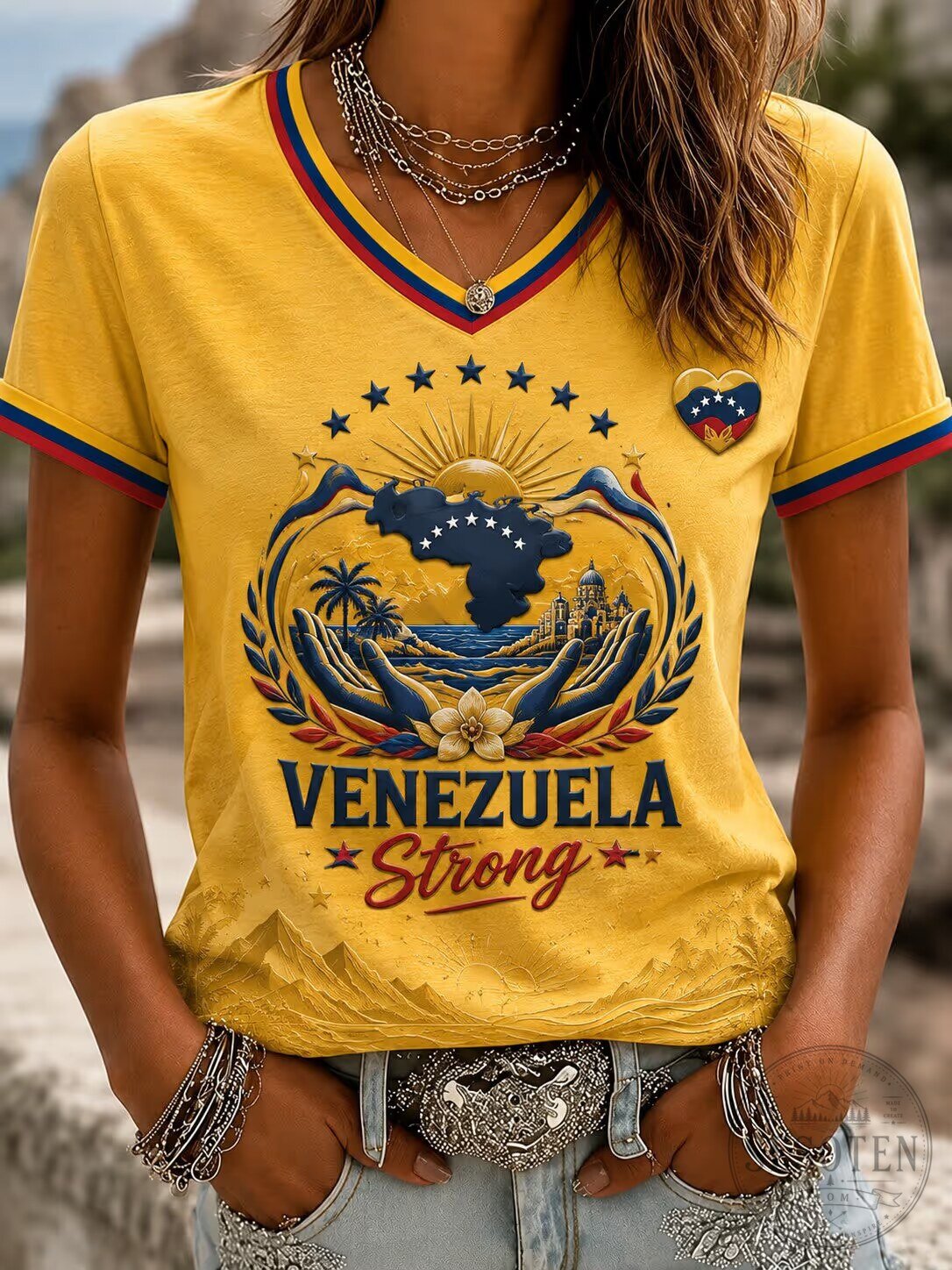 Venezuela Strong Patriotic Flag Graphic V-Neck Short Sleeve T-Shirt