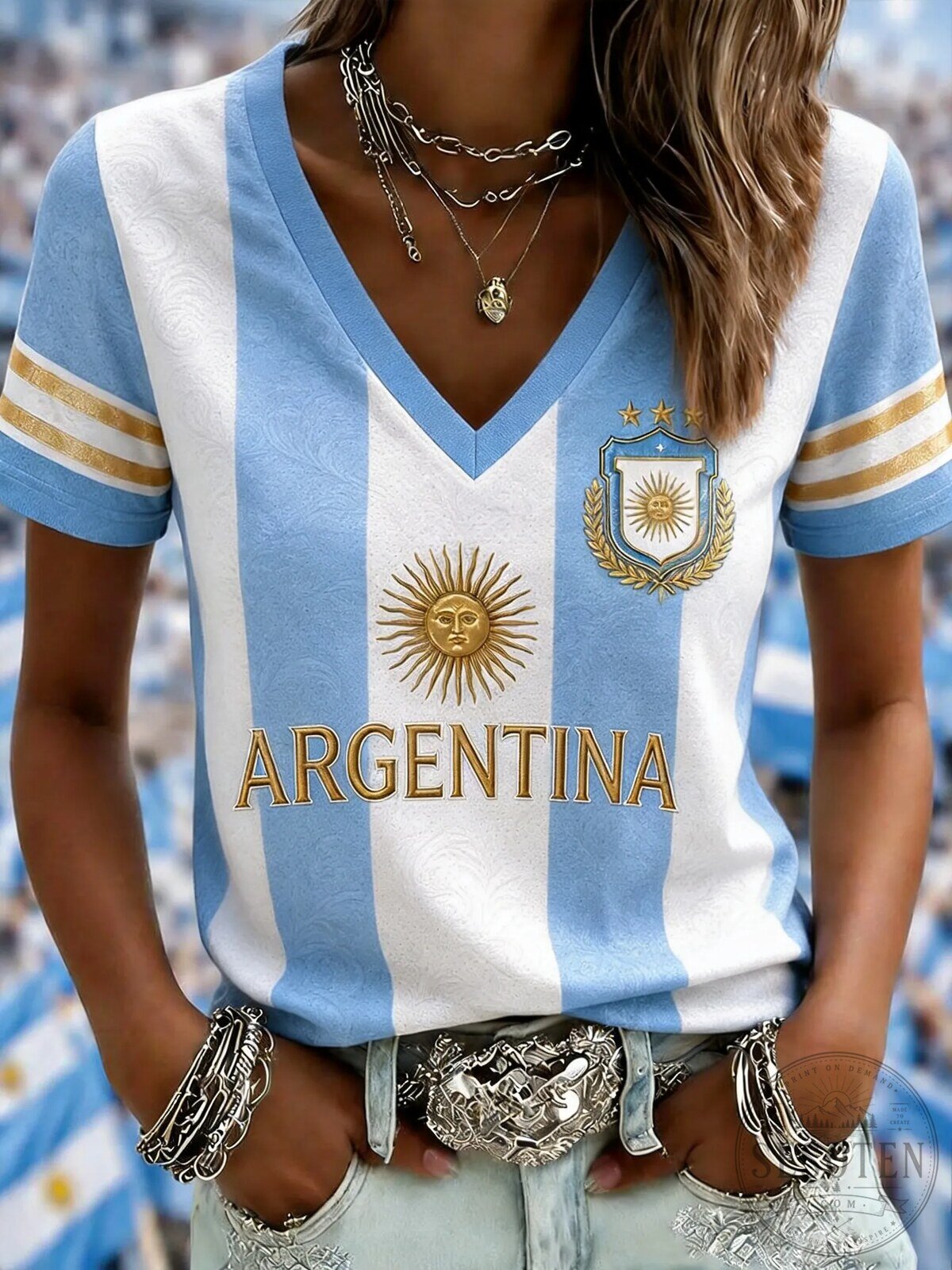 Argentina National Football Team V-Neck Striped Short Sleeve T-Shirt