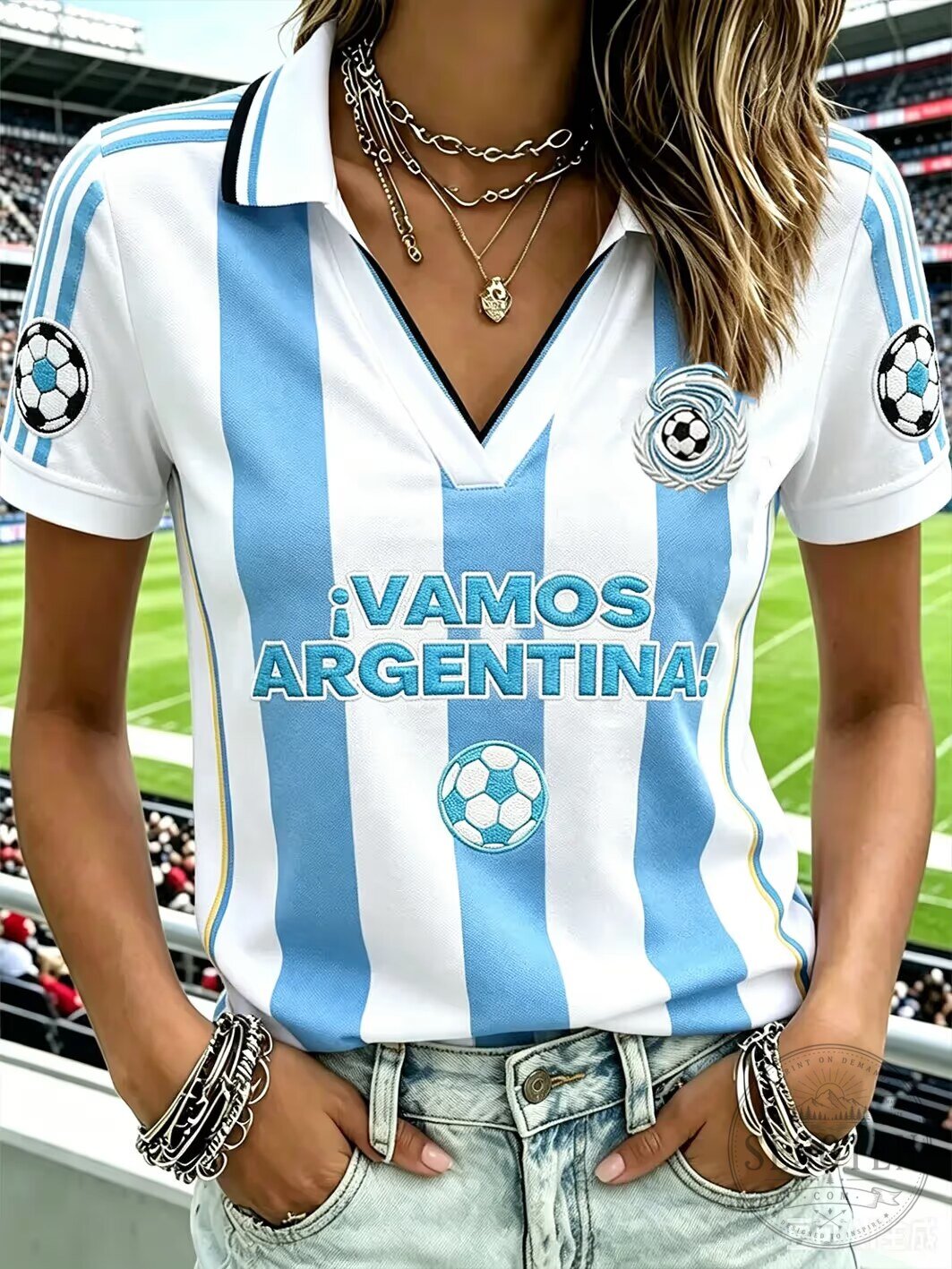 Argentina Soccer VAMOS ARGENTINA! Striped Football Jersey for Women