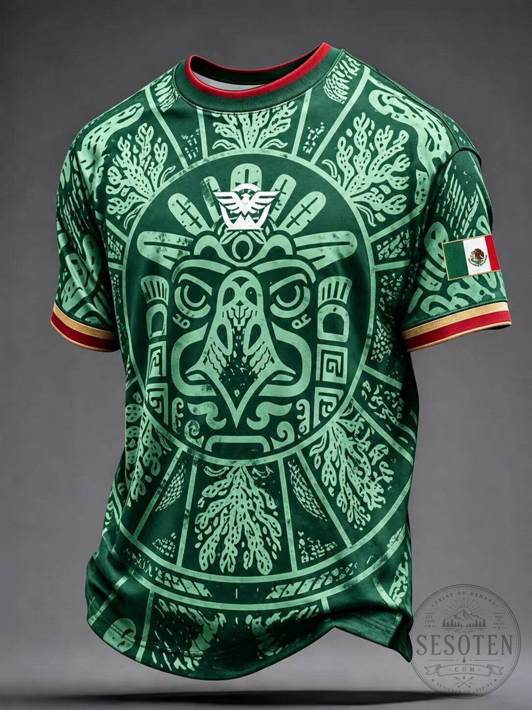 Mexico Aztec Calendar Stone Football Jersey with Flag Sleeve Detail