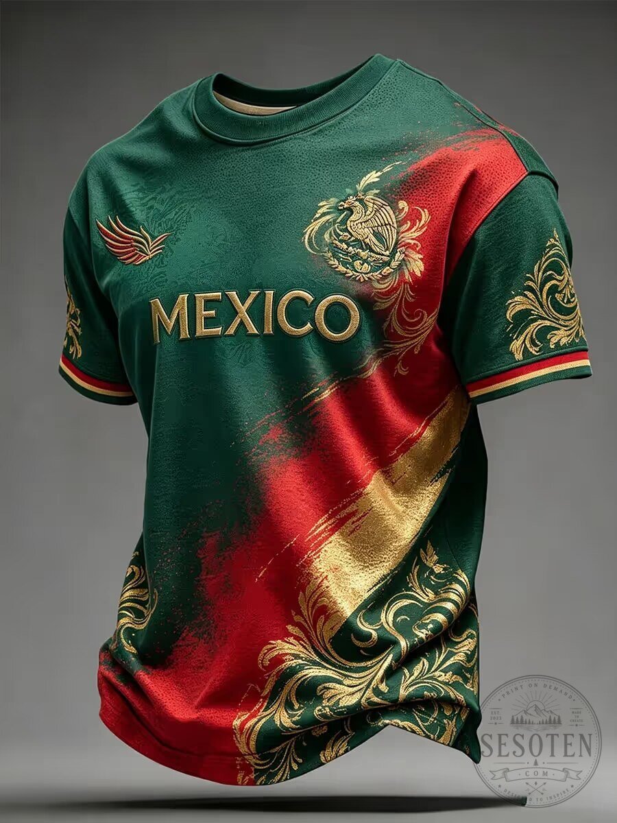 Mexico National Football Team Gold Crest Green Red Fan Jersey