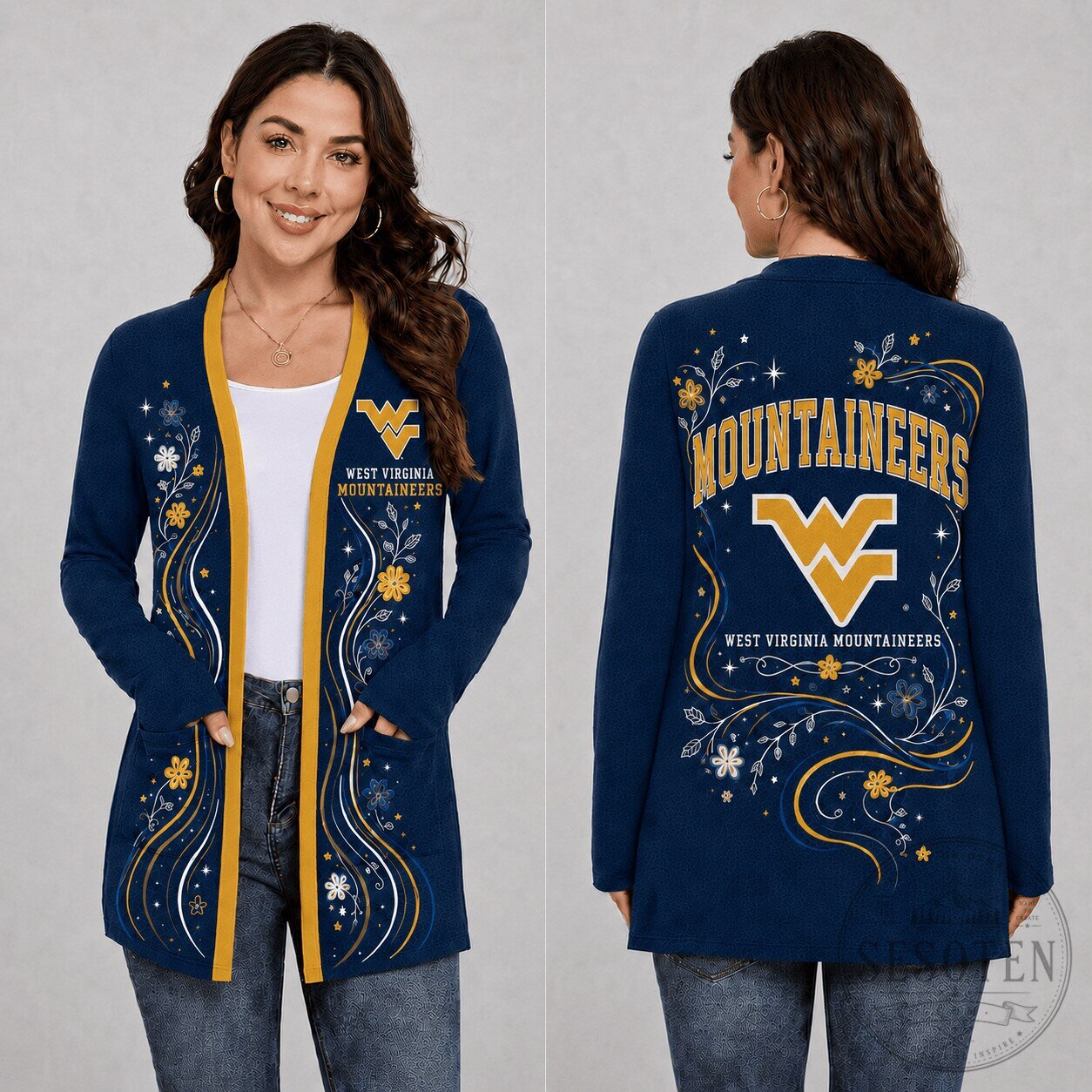 West Virginia Mountaineers Floral Pattern Long Sleeve Cardigan