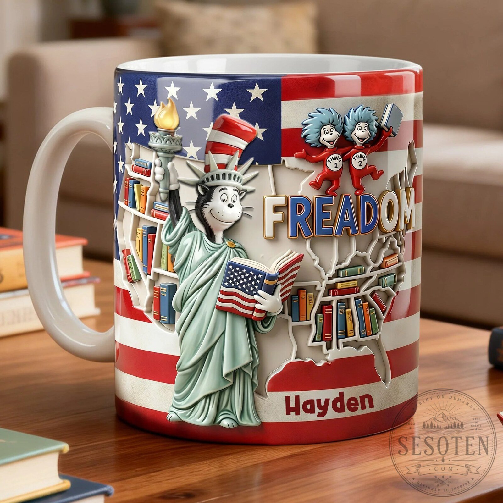 Patriotic Coffee Lovers Reading Mug with Cat in the Hat Statue of Liberty Design