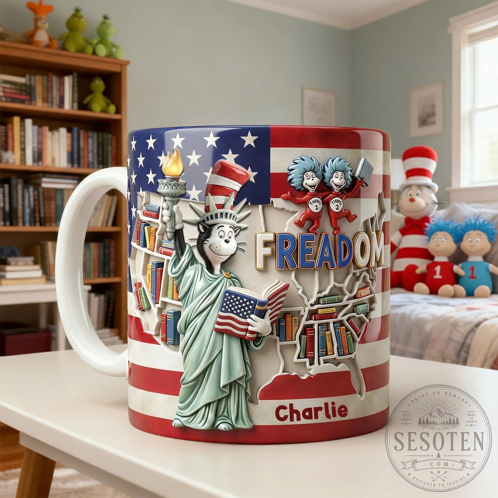 Patriotic Coffee Lovers Reading Mug with Cat in the Hat Statue of Liberty Design 8 Patriotic Coffee Lovers Reading Mug with Cat in the Hat Statue of Liberty Design