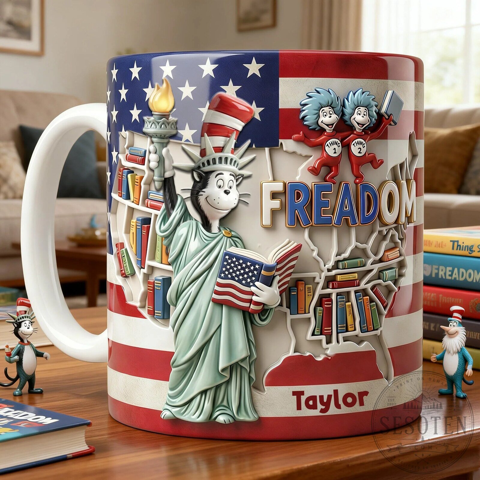 Patriotic Coffee Lovers Reading Mug with Cat in the Hat Statue of Liberty Design 9 Patriotic Coffee Lovers Reading Mug with Cat in the Hat Statue of Liberty Design