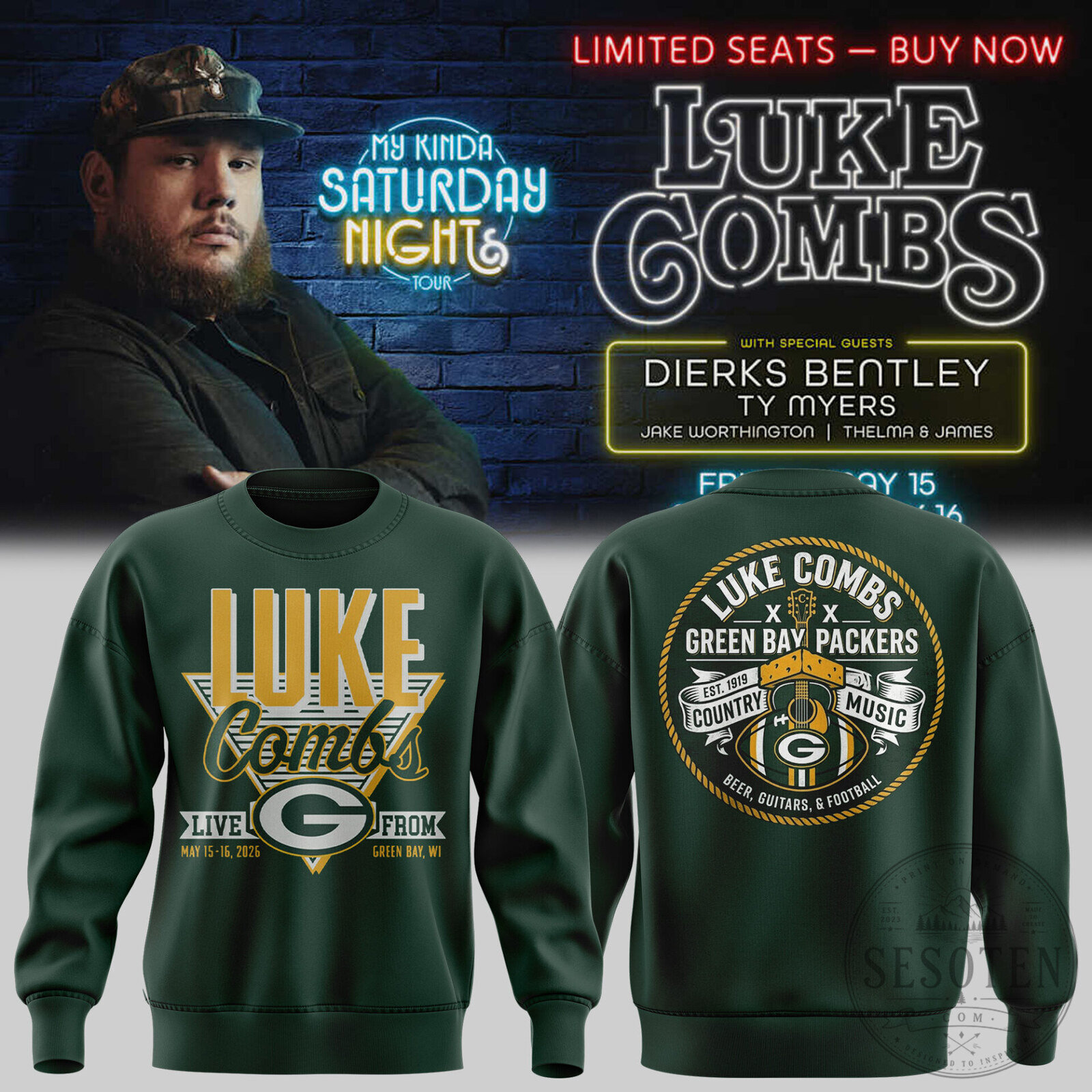Luke Combs Green Bay Packers My Kinda Saturday Night Tour Sweatshirt