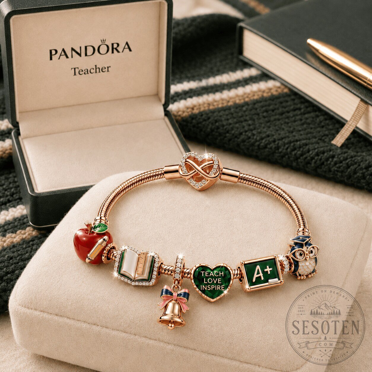 Pandora Teacher Appreciation Rose Gold Charm Bracelet with Apple Book Owl Bell