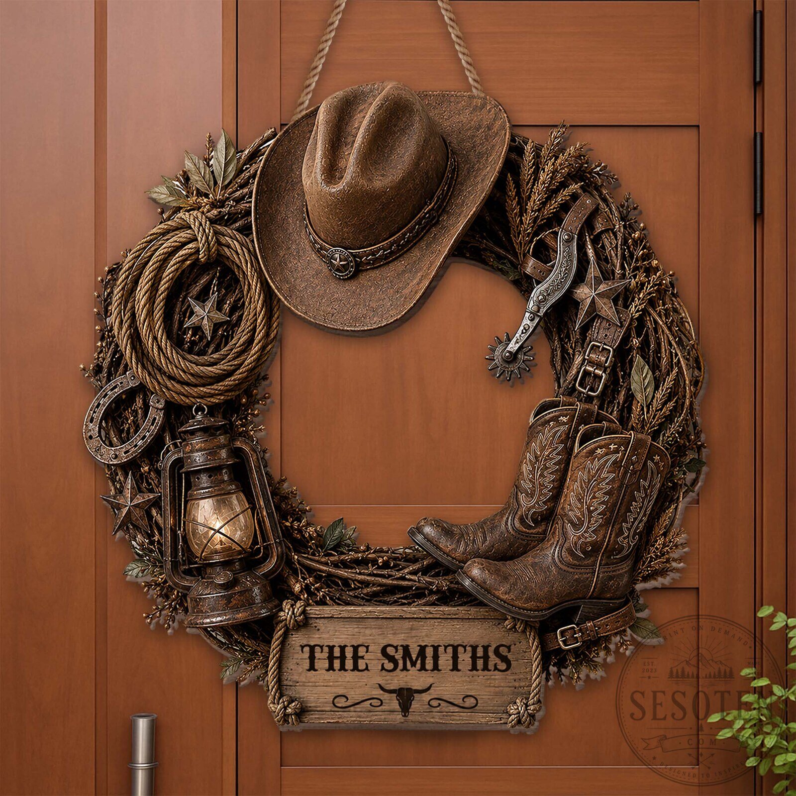 Farmers Rustic Western Cowboy Hat Boots Wreath Door Decor