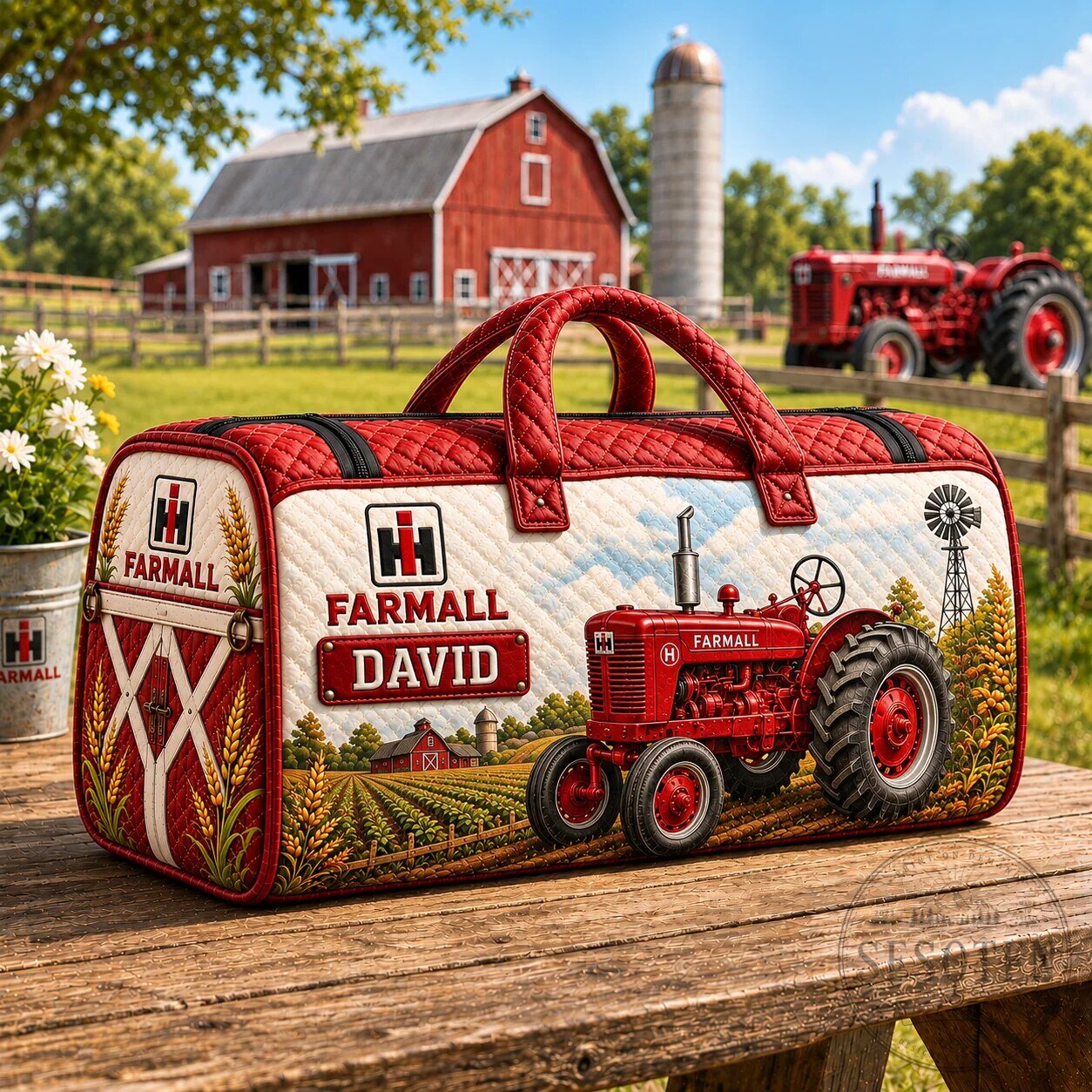 Red Farmall Tractor Personalized Quilted Weekender Bag for Farmers