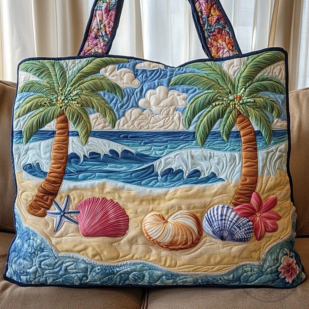 Tropical Beach Palm Trees Quilted Tote Bag with Seashells and Ocean Waves