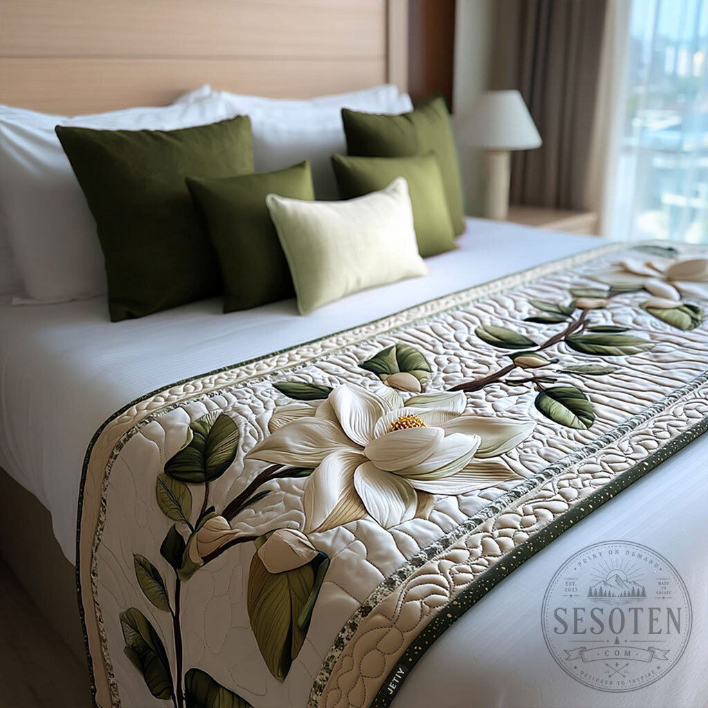 Magnolia Floral Quilted Bed Runner with Green Leaves and White Flowers 2 Magnolia Floral Quilted Bed Runner with Green Leaves and White Flowers