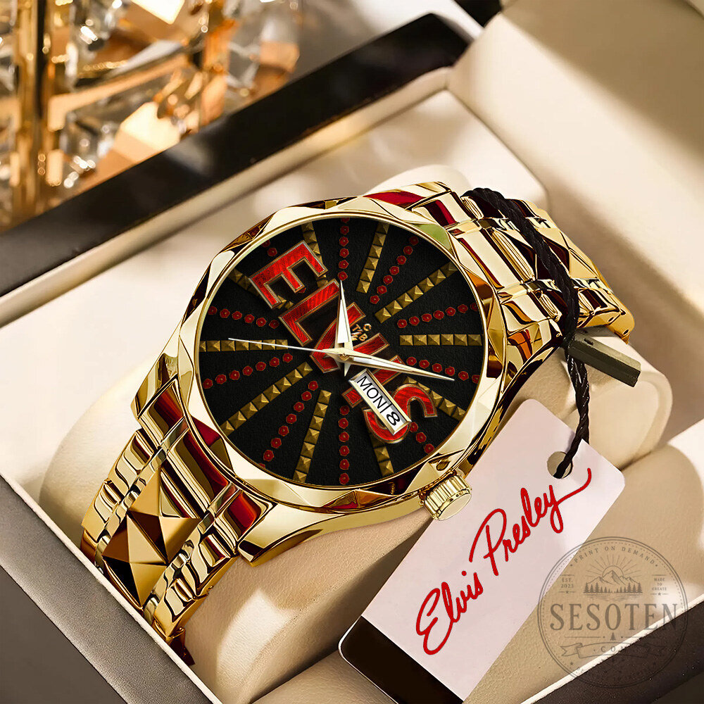 Gold Tone Stainless Steel Wrist Watch featuring Elvis Presley