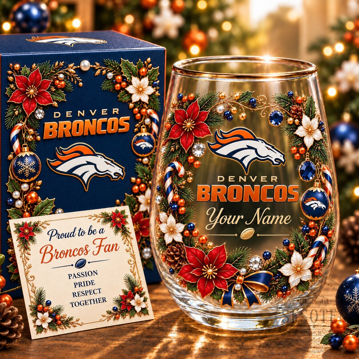 Denver Broncos Christmas Flowers Stemless Wine Glass Custom Name NFL Football