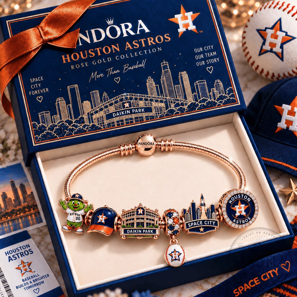 Houston Astros Pandora Rose Gold Charm Bracelet Set