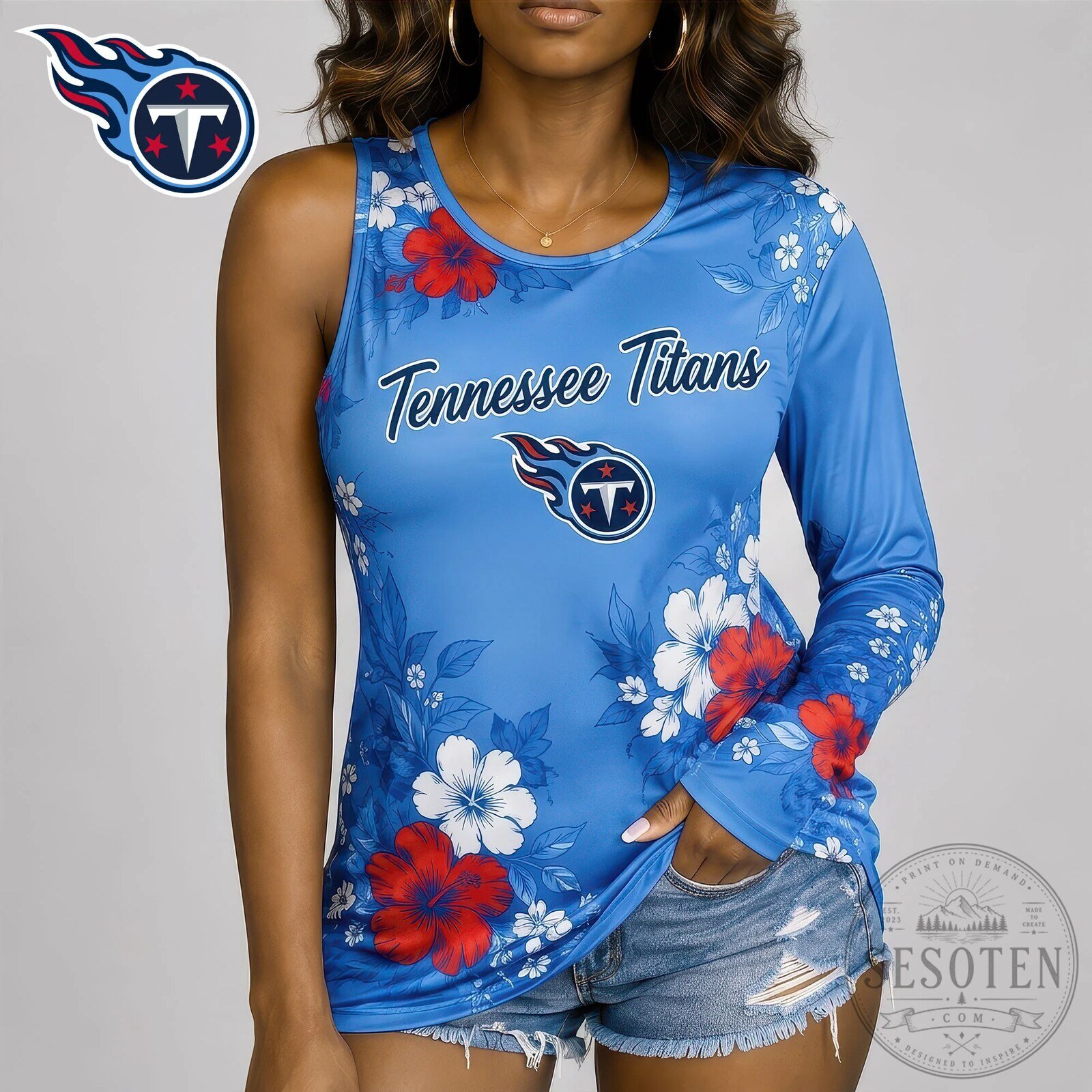 Tennessee Titans NFL Team Floral One Shoulder Long Sleeve Top