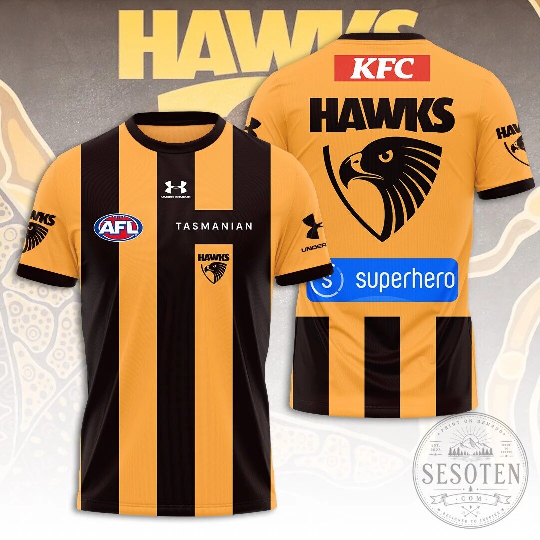 Hawthorn Football Club Hawks AFL Team Gold and Brown Striped Football Jersey 2 Hawthorn Football Club Hawks AFL Team Gold and Brown Striped Football Jersey