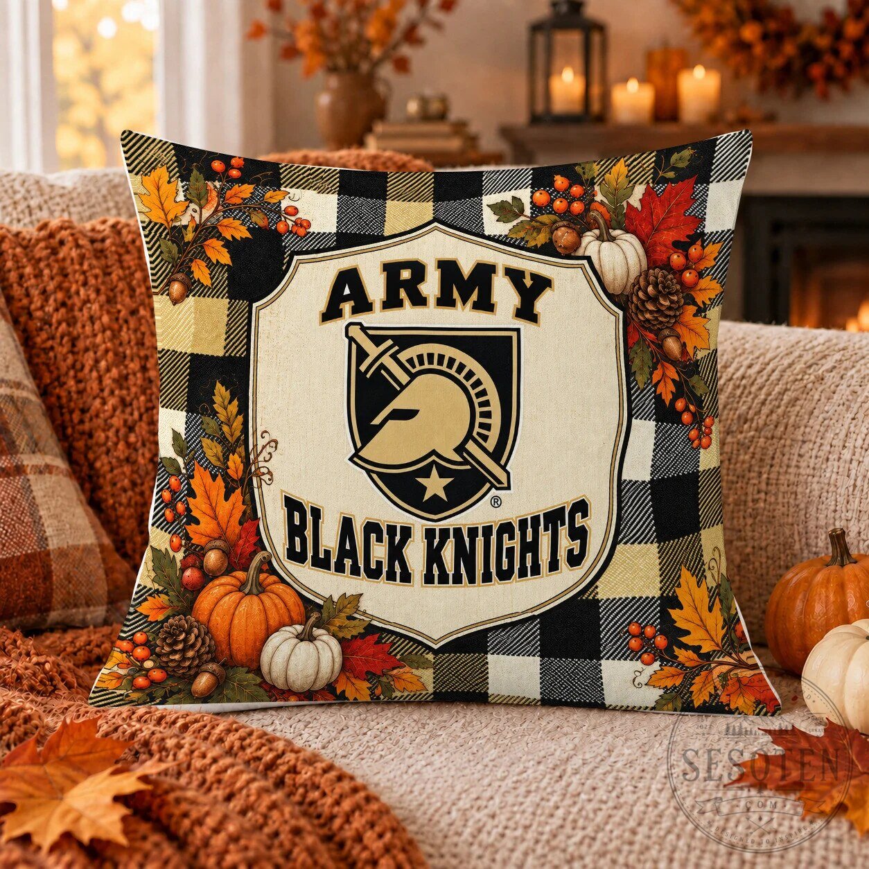 Army Black Knights Fall Harvest Plaid Decorative Throw Pillow