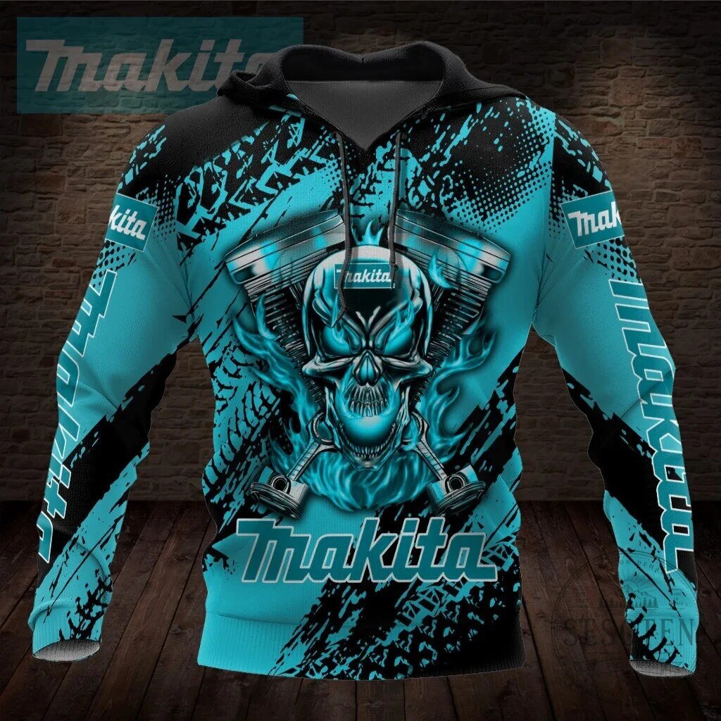 Makita Tools Skull and Pistons Blue Flame All Over Print Hoodie
