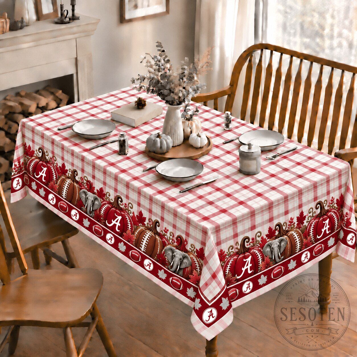 Alabama Crimson Tide Football Pumpkins Autumn Plaid Tablecloth