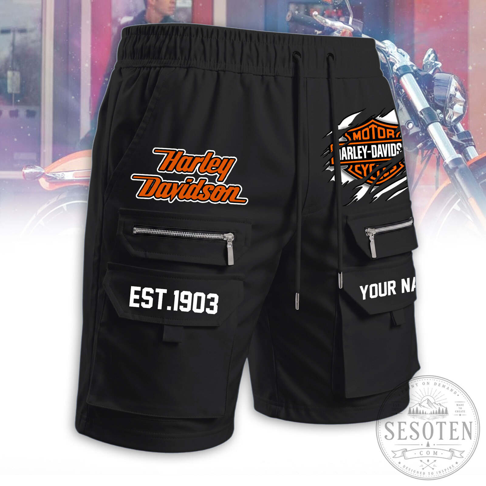 Harley Davidson Motorcycles Black Cargo Shorts with Zipper Pockets