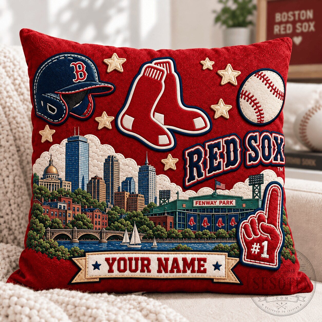 Boston Red Sox Fenway Park Baseball Skyline Personalized Throw Pillow