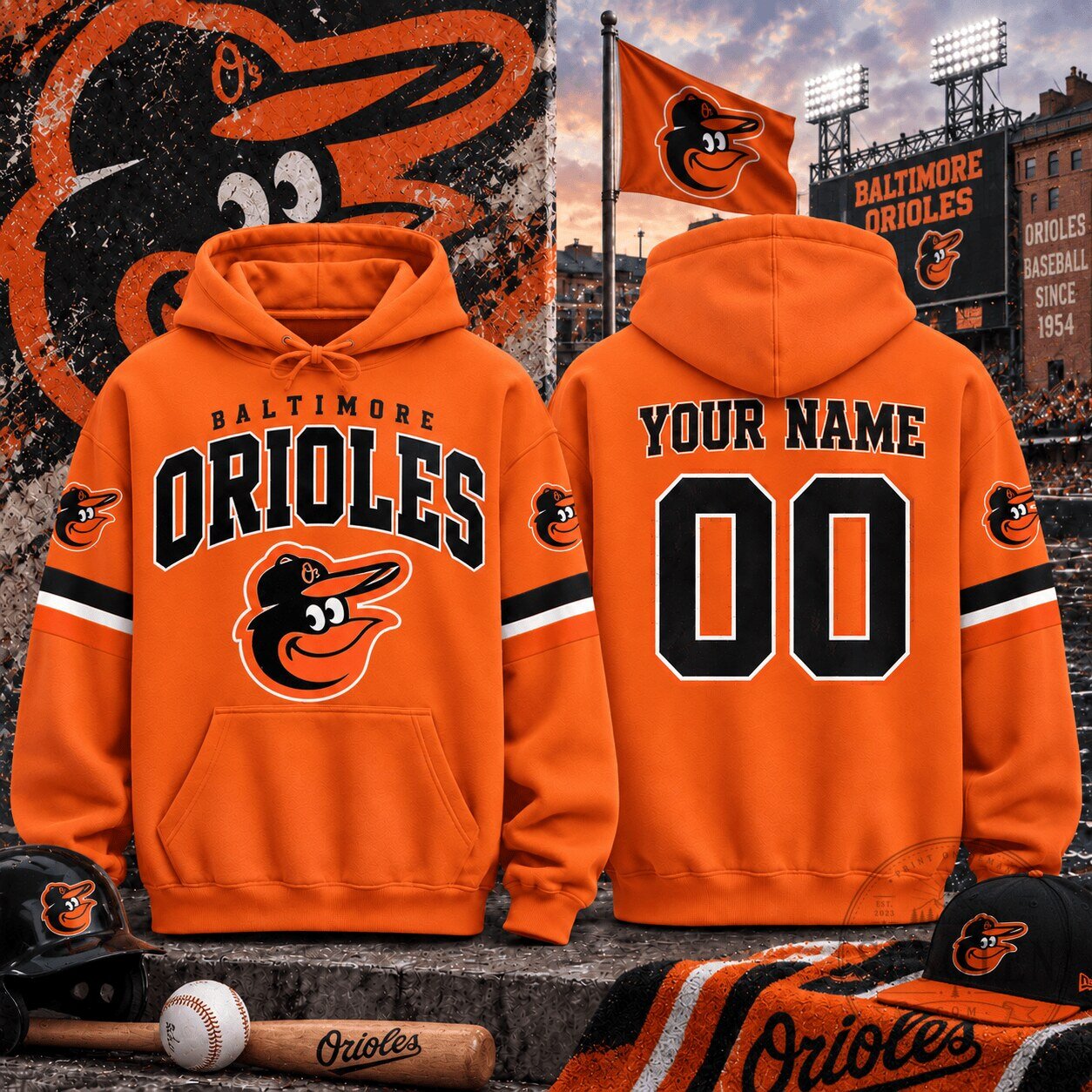 Baltimore Orioles Custom Name and Number Orange Baseball Fan Hoodie