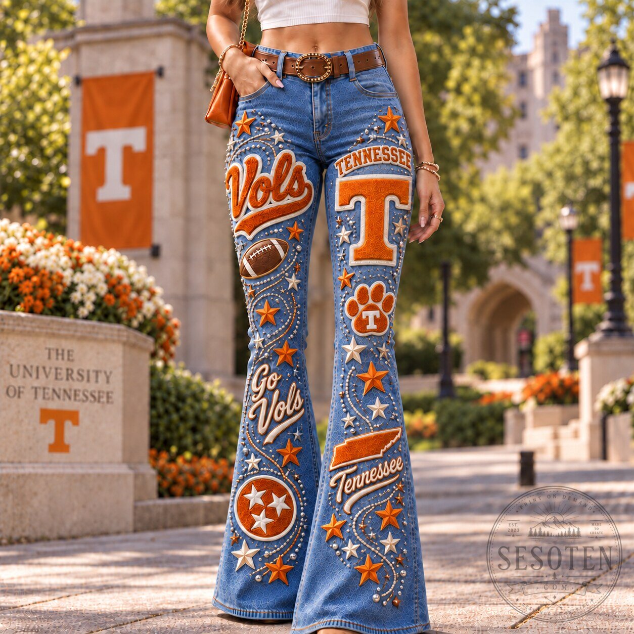 Tennessee Volunteers Flared Denim Jeans with Embroidered Stars and Team Logos