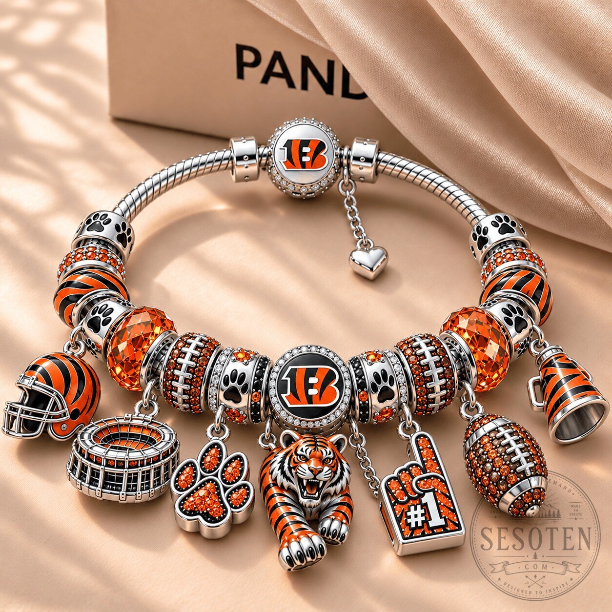 Cincinnati Bengals Football Team Charm Bracelet with Tiger and Helmet