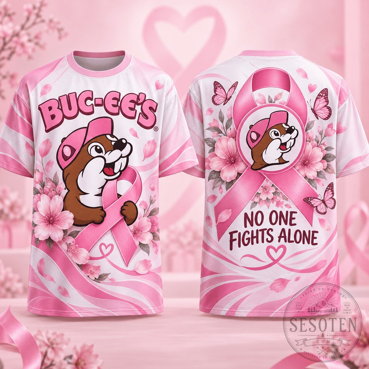 Buc-ee's Breast Cancer Awareness No One Fights Alone Pink Ribbon T-Shirt